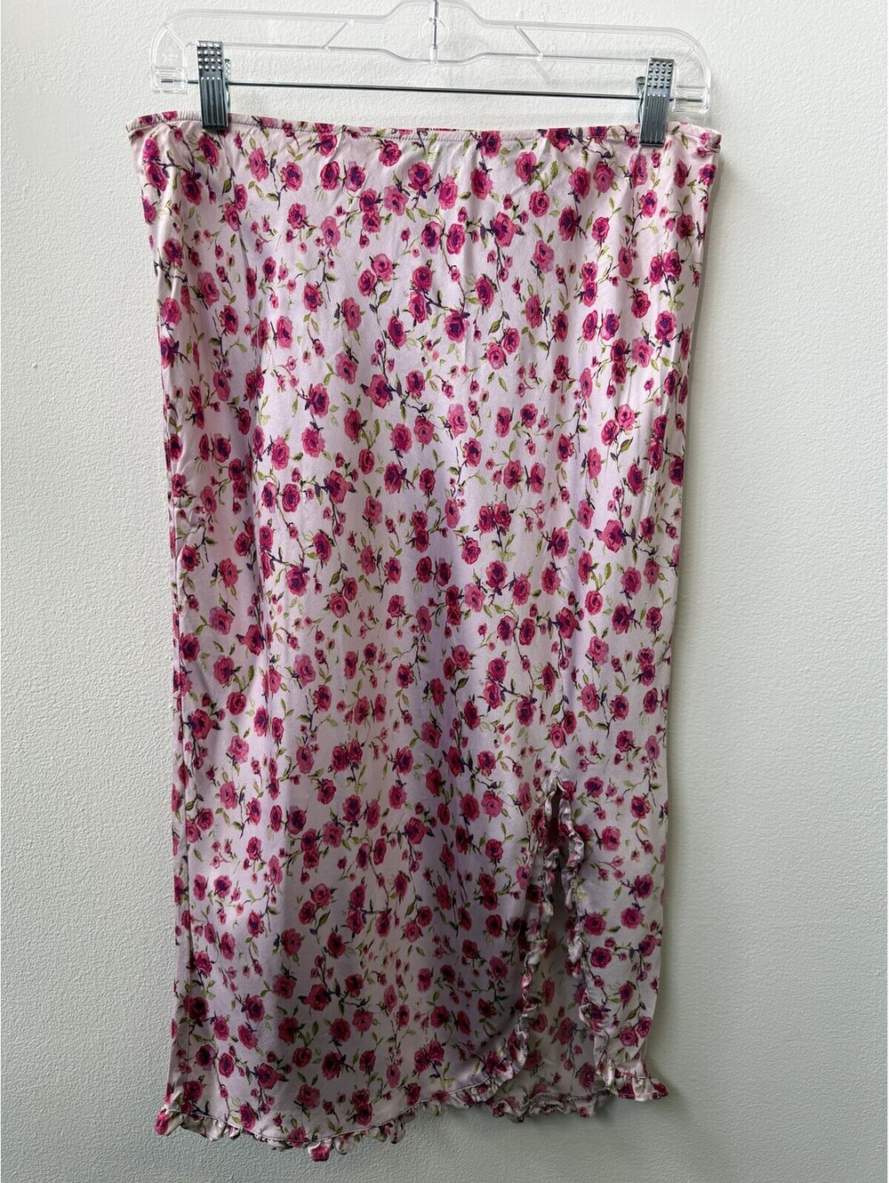 Vintage Y2K Express Pink Rose Floral 100% Silk Bias Midi Skirt Small